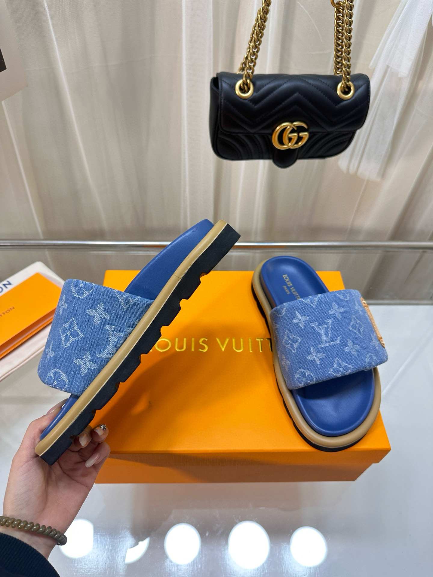 LV Denim printed fabric anti slip slippers