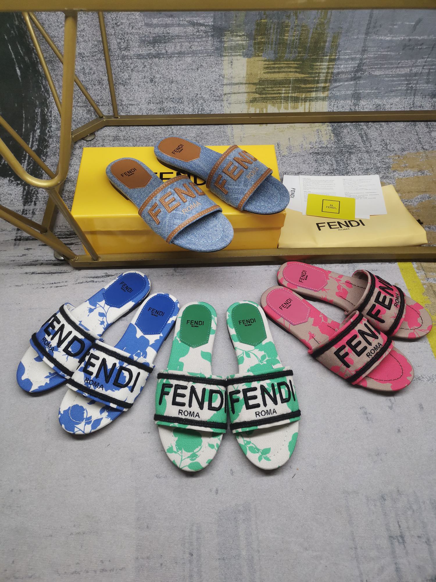 Fendi Canvas embroidered flat bottomed slippers