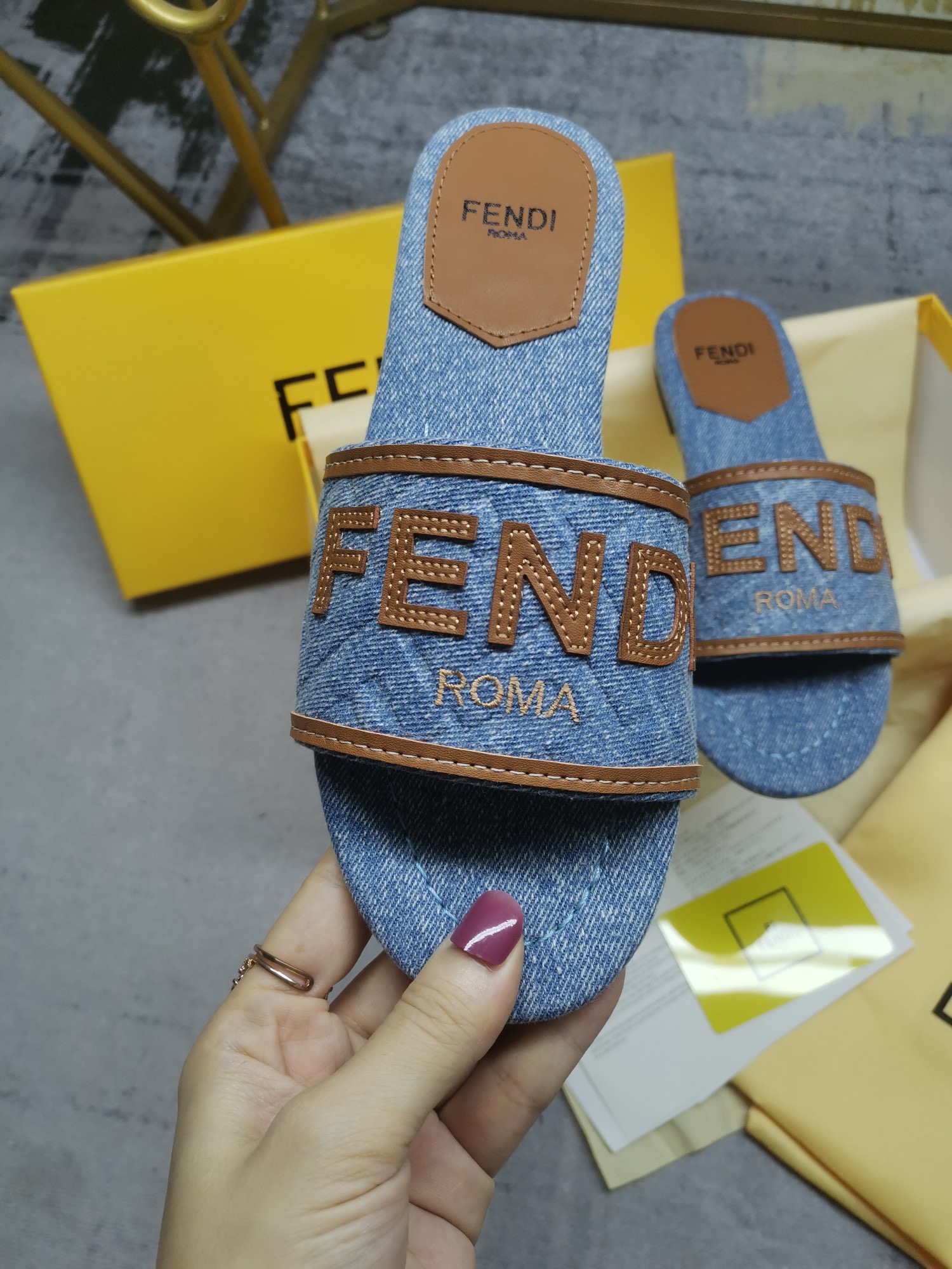 Fendi Canvas embroidered flat bottomed slippers