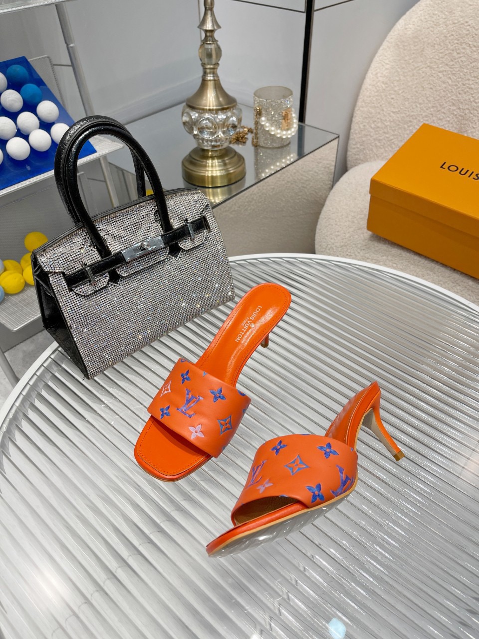 LV Printed high-heeled slippers