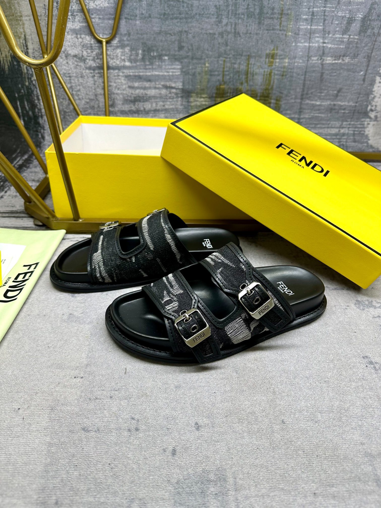 Fendi FEEL brown FF fabric  slides