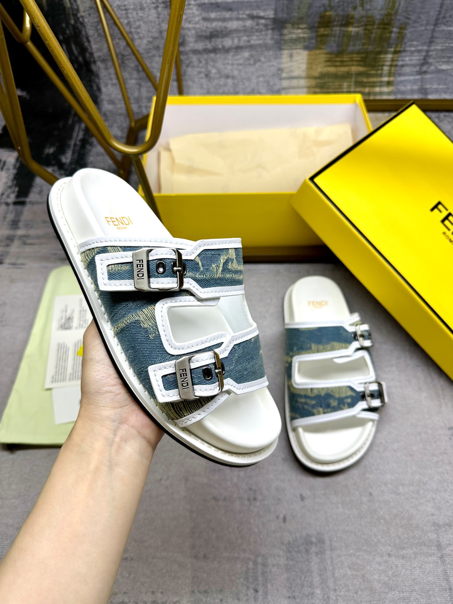 Fendi FEEL brown FF fabric  slides