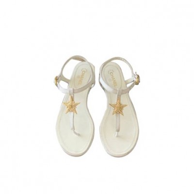 CHANEL LEATHER WOMEN’S SANDALS WHITE STARLIKE GOLD HARDWARE