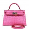 HERMES MINI KELLY SELLIER 20 ROSE SHOCKING MATTE ALLIGATOR PALLADIUM HARDWARE (19.1*11.4*5.6cm)