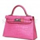 HERMES MINI KELLY SELLIER 20 ROSE SHOCKING MATTE ALLIGATOR PALLADIUM HARDWARE (19.1*11.4*5.6cm)