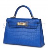 HERMES MINI KELLY SELLIER 20 BLEU ROYAL MATTE ALLIGATOR GOLD HARDWARE (19.1*11.4*5.6cm)