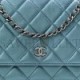 CHANEL METALLIC LAMBSKIN WALLET ON CHAIN WOC TURQUOISE SILVER HARDWARE (19*12*4cm)