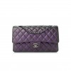 CHANEL IRIDESCENT LAMBSKIN QUILTED MEDIUM DOUBLE FLAP DARK PURPLE SILVER HARDWARE (25*16*6cm)