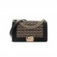 CHANEL LAMBSKIN COTTON WOVEN MEDIUM BOY FLAP BLACK ROSE GOLD HARDWARE (25*15*7cm)