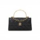 CHANEL LAMBSKIN ENAMEL QUILTED TOP HANDLE FLAP PHONE HOLDER WITH CHAIN BLACK GOLD HARDWARE (18*10*4cm)