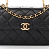 CHANEL LAMBSKIN ENAMEL QUILTED TOP HANDLE FLAP PHONE HOLDER WITH CHAIN BLACK GOLD HARDWARE (18*10*4cm)