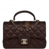 CHANEL MINI RECTANGULAR FLAP BAG WITH TOP HANDLE BURGUNDY LAMBSKIN LIGHT GOLD HARDWARE (22*15*8cm)