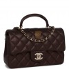 CHANEL MINI RECTANGULAR FLAP BAG WITH TOP HANDLE BURGUNDY LAMBSKIN LIGHT GOLD HARDWARE (22*15*8cm)