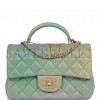 CHANEL MINI RECTANGULAR FLAP BAG WITH TOP HANDLE GREEN OMBRE LAMBSKIN ANTIQUE GOLD HARDWARE (22*15*8cm)