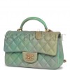 CHANEL MINI RECTANGULAR FLAP BAG WITH TOP HANDLE GREEN OMBRE LAMBSKIN ANTIQUE GOLD HARDWARE (22*15*8cm)