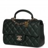 CHANEL MINI RECTANGULAR FLAP WITH TOP HANDLE DARK GREEN LAMBSKIN LIGHT GOLD HARDWARE (22*15*8cm)