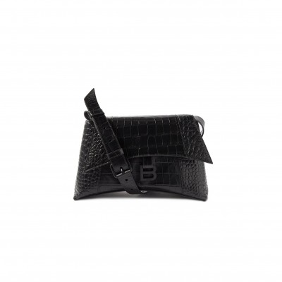 BALENCIAGA BLACK DOWNTOWN CROCODILE-EFFECT LEATHER SHOULDER BAG  BALENCIAGA  MATCHESFASHION US (29*18*11cm)