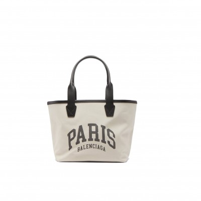 BALENCIAGA NEUTRAL PARIS LOGO-PRINT LEATHER-TRIM CANVAS TOTE BAG  BALENCIAGA  MATCHESFASHION US (41.1*25.1*17.5cm)