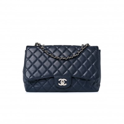 CHANEL CAVIAR QUILTED JUMBO DOUBLE FLAP NAVY BLUE SILVER HARDWARE (29*18*9cm)