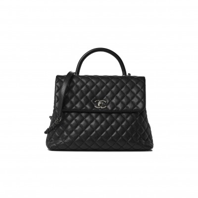 CHANEL CAVIAR QUILTED LARGE COCO HANDLE FLAP BLACK SILVER HARDWARE (32*23*11cm)