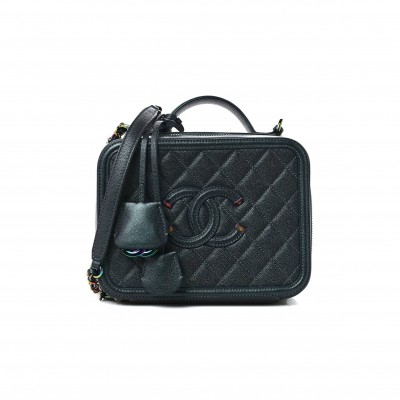 CHANEL IRIDESCENT CAVIAR QUILTED MEDIUM CC FILIGREE VANITY CASE DARK TURQUOISE (20*15*8cm)