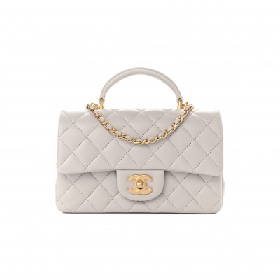 CHANEL LAMBSKIN QUILTED MINI TOP HANDLE RECTANGULAR FLAP GREY GOLD HARDWARE (20*13*6cm)