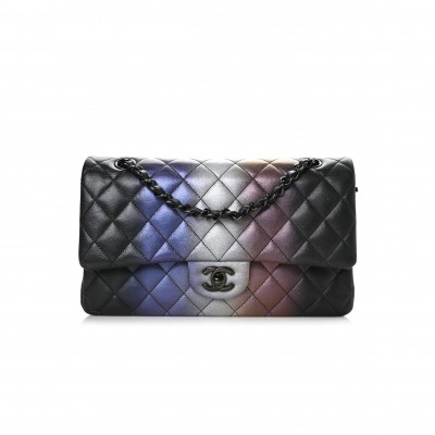 CHANEL CALFSKIN QUILTED OMBRE MEDIUM DOUBLE FLAP BLACK BLACK HARDWARE (25*15*6cm)