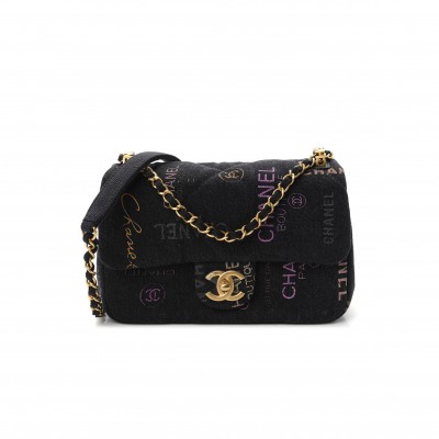 CHANEL DENIM QUILTED DENIM MOOD MINI RECTANGULAR FLAP BLACK MULTICOLOR GOLD HARDWARE (21*13*7cm)