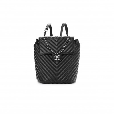 CHANEL CALFSKIN CHEVRON QUILTED SMALL URBAN SPIRIT BACKPACK BLACK SILVER HARDWARE (19.7*23.5*13.3cm)