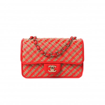 CHANEL RAFFIA JUTE STRIPED SMALL URBAN JUNGLE SINGLE FLAP RED ROSE GOLD HARDWARE (21*13*7cm)