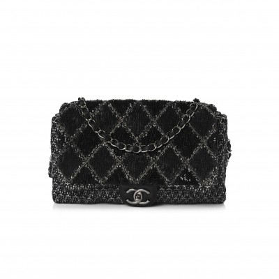 CHANEL SEQUIN TWEED ICONS LARGE ACCORDION 3 FLAP BLACK SILVER HARDWARE (30*18*3cm)