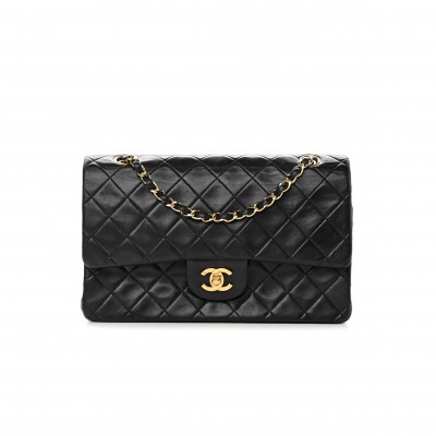 CHANEL LAMBSKIN QUILTED MEDIUM DOUBLE FLAP BLACK GOLD HARDWAR (25*15*7cm)