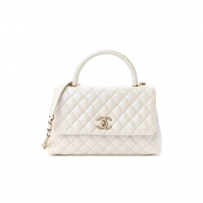 CHANEL IRIDESCENT CAVIAR QUILTED SMALL COCO HANDLE FLAP WHITE ROSE GOLD HARDWARE (28*17*11cm)