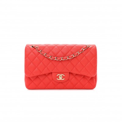 CHANEL CAVIAR QUILTED JUMBO DOUBLE FLAP RED ROSE GOLD HARDWARE (30*20*9cm)