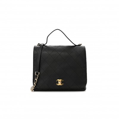 CHANEL CALFSKIN QUILTED DOUBLE POCKET TOP HANDLE FLAP BLACK GOLD HARDWARE (22*19*5cm)