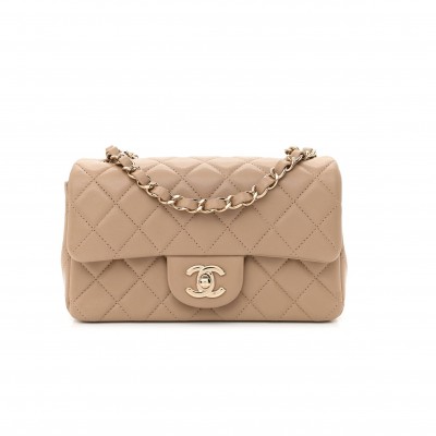 CHANEL LAMBSKIN QUILTED MINI RECTANGULAR FLAP DARK BEIGE ROSE GOLD HARDWARE (20*11*6cm)