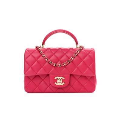 CHANEL LAMBSKIN QUILTED MINI TOP HANDLE RECTANGULAR FLAP DARK PINK ROSE GOLD HARDWARE (19*13*7cm)