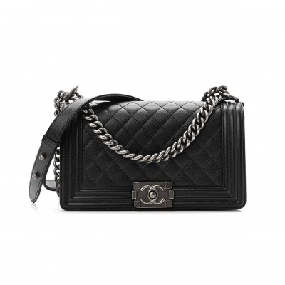 CHANEL CAVIAR QUILTED MEDIUM BOY FLAP BLACK SILVER HARDWARE (25*15*9cm)