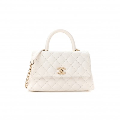 CHANEL CAVIAR QUILTED MINI COCO HANDLE FLAP WHITE GOLD HARDWARE (23*15*9cm)