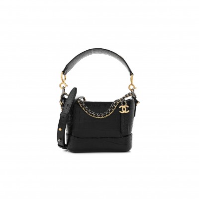 CHANEL CALFSKIN CROCODILE EMBOSSED SMALL GABRIELLE COCODILE HOBO BLACK GOLD HARDWARE (20*15*8cm)