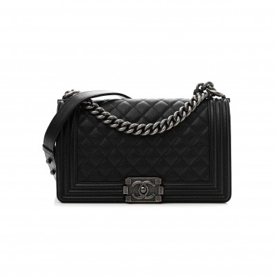 CHANEL CAVIAR QUILTED MEDIUM BOY FLAP BLACK SILVER HARDWARE (25*15*8cm)