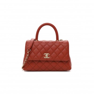 CHANEL CAVIAR QUILTED MINI COCO HANDLE FLAP DARK ORANGE ROSE GOLD HARDWARE  (23*14*10cm)