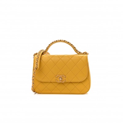 CHANEL LAMBSKIN QUILTED SMALL CHAIN INFINITY TOP HANDLE FLAP YELLOW GOLD HARDWARE (22.9*15.2*5.7cm)