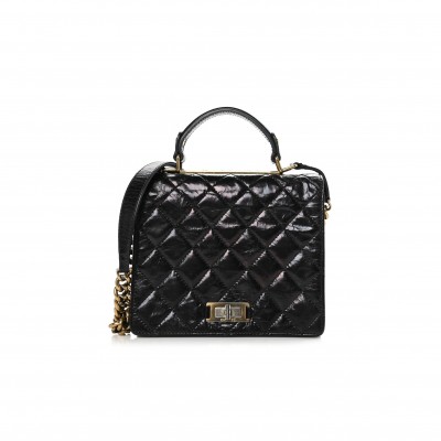 CHANEL GLAZED CALFSKIN QUILTED RITA TOP HANDLE FLAP BLACK (21*18*8cm)