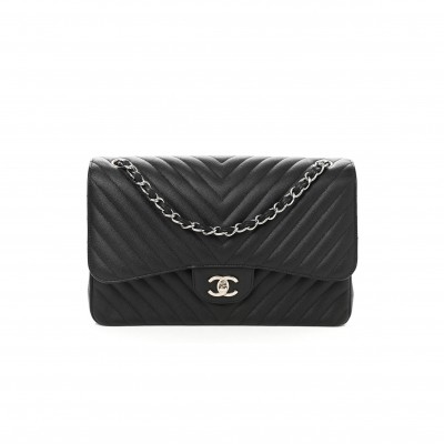 CHANEL CAVIAR CHEVRON QUILTED JUMBO DOUBLE FLAP BLACK SILVER HARDWARE (30*20*9cm)