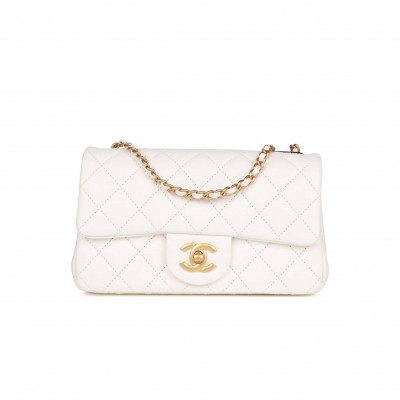 CHANEL PEARL CRUSH MINI RECTANGULAR FLAP BAG WHITE LAMBSKIN ANTIQUE GOLD HARDWARE (20*13*6cm)