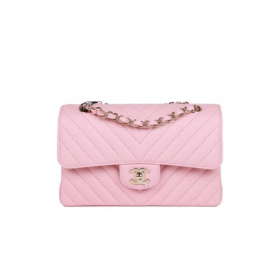 CHANEL SMALL CHEVRON CLASSIC DOUBLE FLAP PINK CALFSKIN LIGHT GOLD HARDWARE (23*13*6cm)