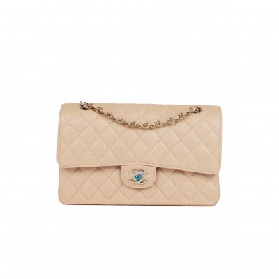 CHANEL MEDIUM CLASSIC DOUBLE FLAP BAG BEIGE IRIDESCENT CAVIAR LIGHT GOLD HARDWARE (25*15*7cm)