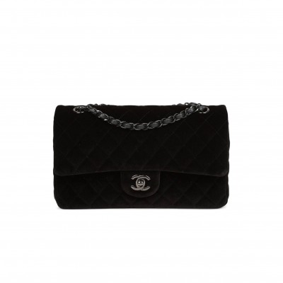 CHANEL MEDIUM CLASSIC DOUBLE FLAP BAG BLACK VELVET RUTHENIUM HARDWARE (25*15*7cm)