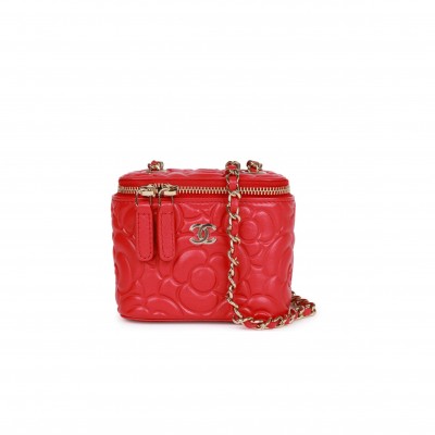 CHANEL CAMELLIA MINI VANITY CASE RED LAMBSKIN LIGHT GOLD HARDWARE (11*9*8cm)